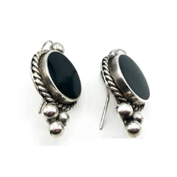 TAXCO Sterling Silver Onyx Drop Earrings - Picture 5 of 8